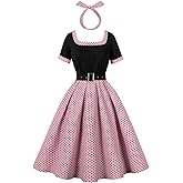 ODIZLI 1950s Retro Vintage Dress with Pockets for Women Short Sleeve Polka Dot Belted Swing Dress and Headband