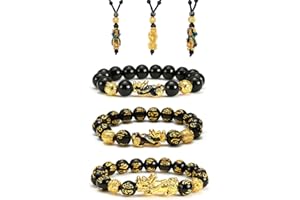 SOOWOOT Feng Shui Bracelet Necklace Set 3 Pixiu Bracelets & 3 Pixiu Necklaces. Unisex Design for Luck, Wealth, Protection against Evil Spirits