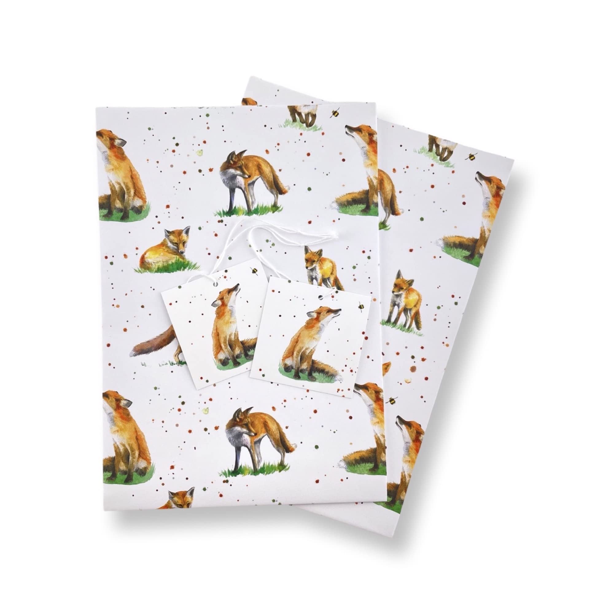 Fox Recycled and Recyclable Quality Gift Wrapping Paper - birthday - Christmas - Mother's and Father's Day - Crafting: 2 sheets and 2 strung fox gift tags
