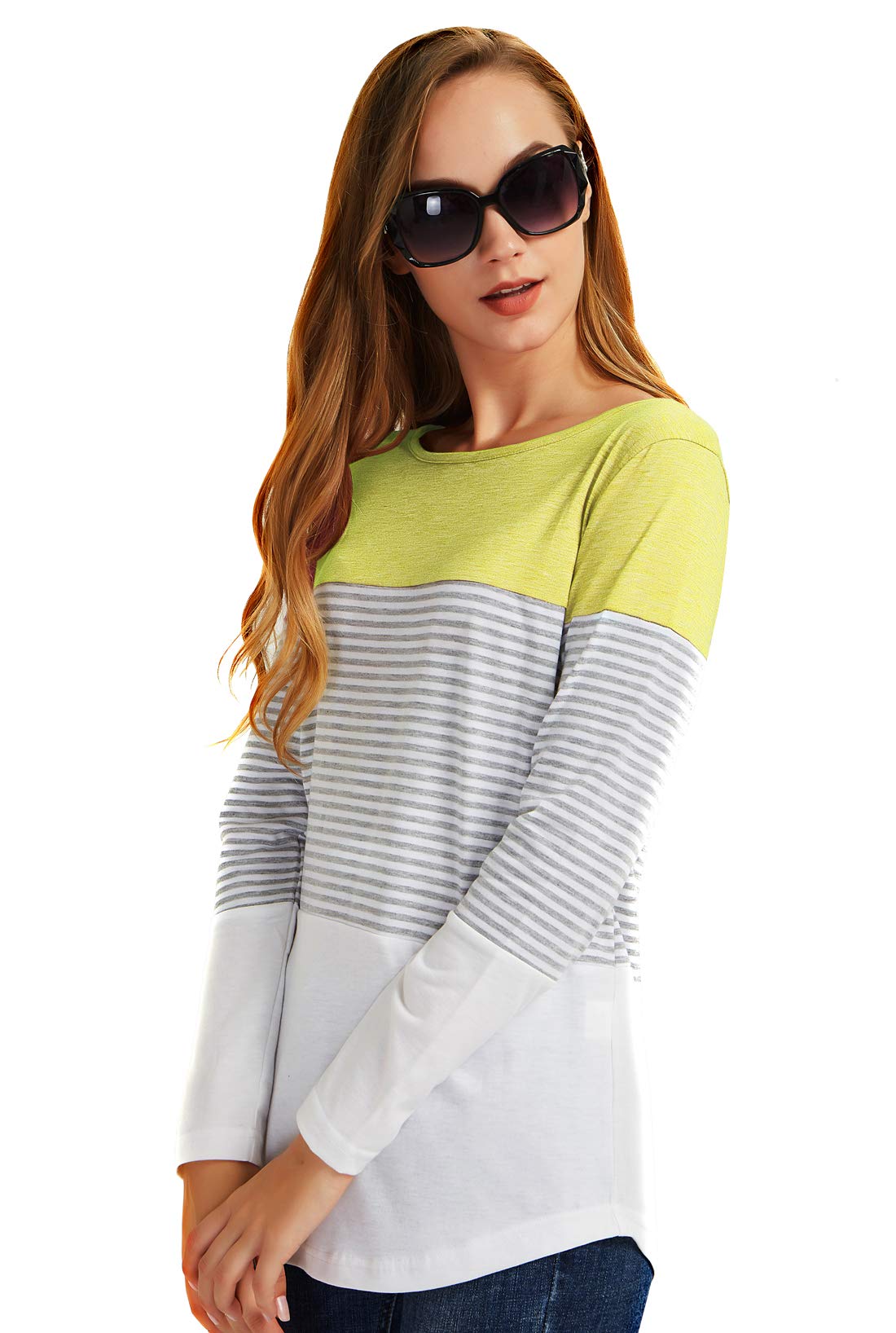 Gititlys Women Crew Neck Long Sleeve Striped Loose T-Shirt（S-2XL） (L, Yellow)