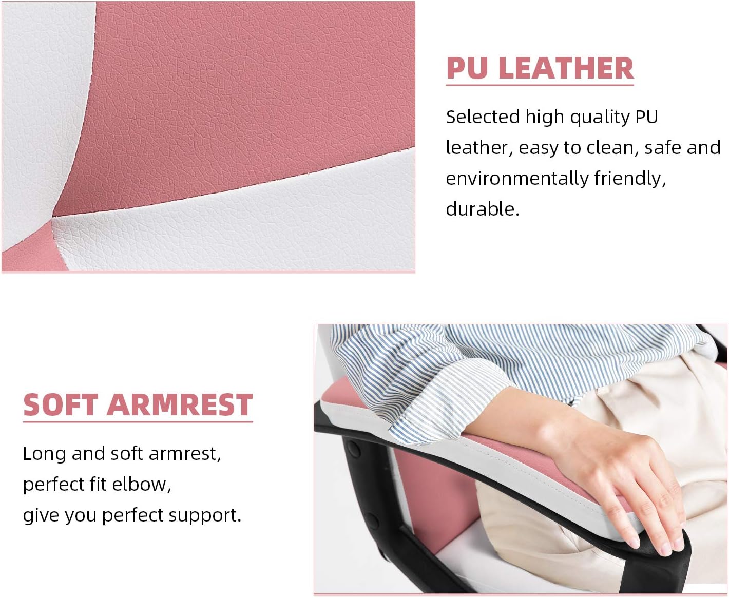 KERMS Mid-Back Ergonomic Office Faux PU Leather Chair Executive Computer Desk Chairs Managerial Executive Chairs with Metal Base and Padded Armrests (Pink & White): Kitchen & Dining