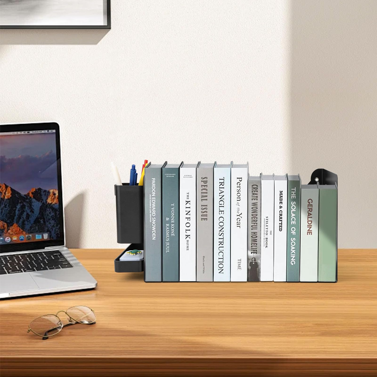 Metal Bookends with Adjustable Length 4 to 19-Inch, Upgraded Book Ends with Detachable Pen Holder, Tray and Hooks, 3-Section Bookrest Organizer Rack for Classroom, Office, School, Home (Black)