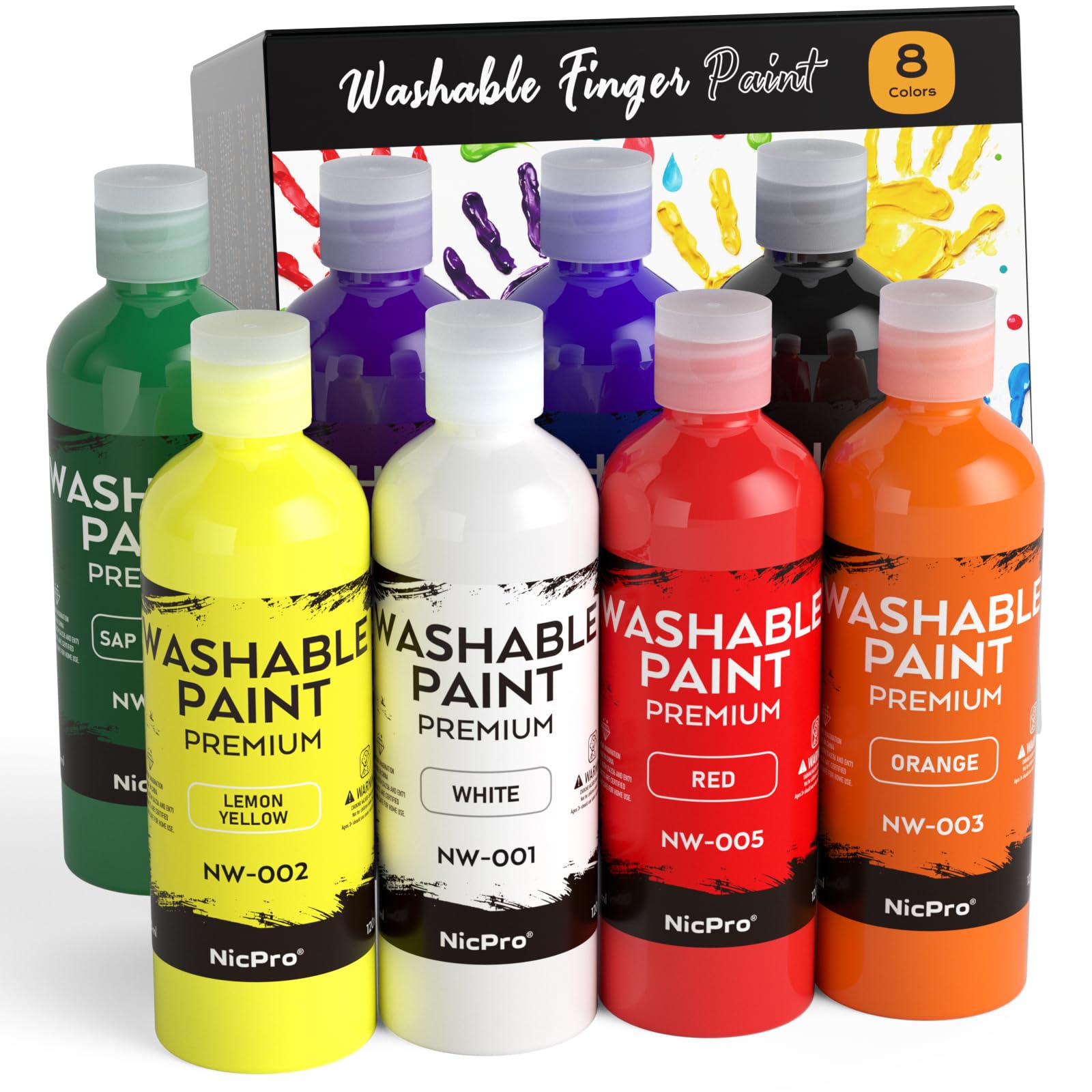 Nicpro 8 Colors Washable Finger Paint Set for kids(4 oz, 120 ml), Non-Toxic & Baby Safe Paint for Hand and Feet, Mess Free Finger Painting Art Supplies for Kids Age 3+, Preschool Learning Gifts