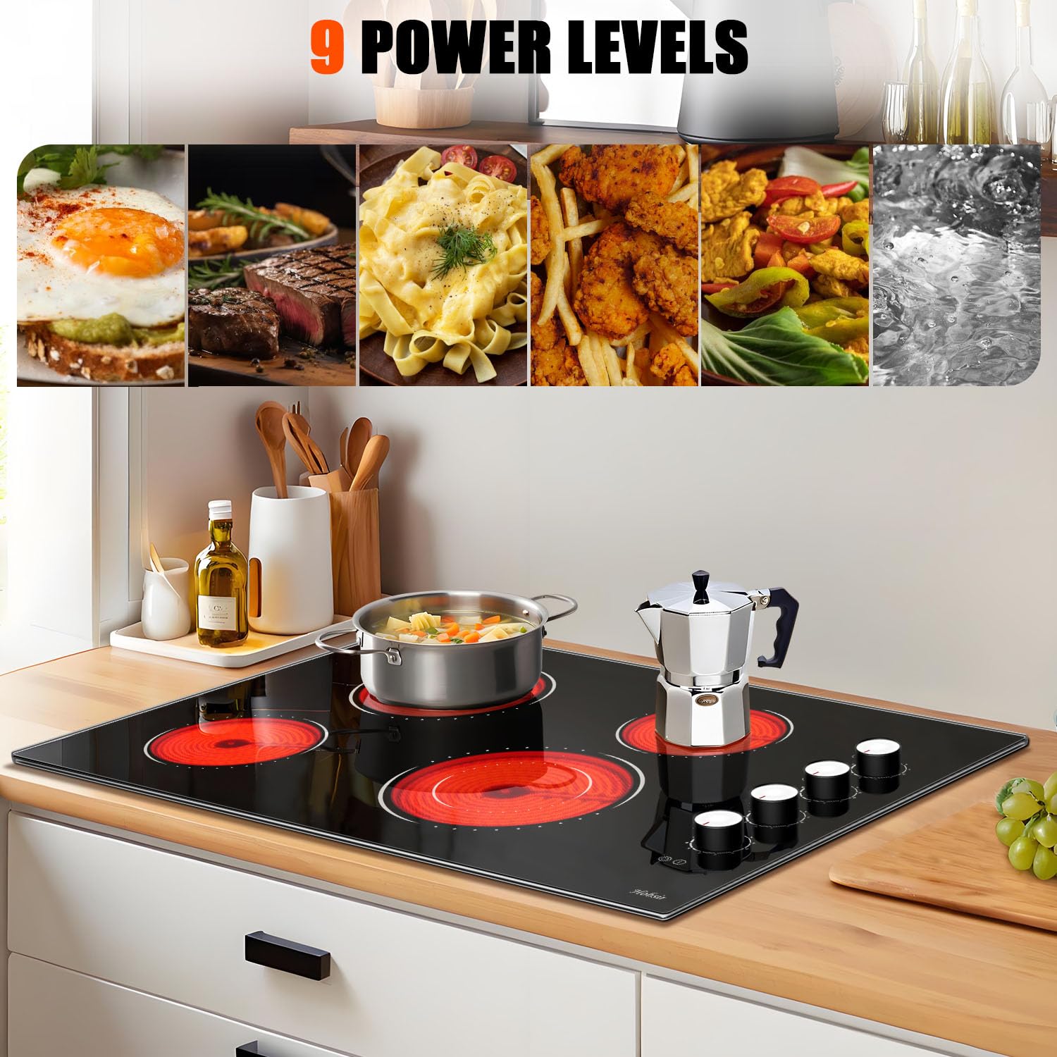 Electric Cooktop 30 Inch, Knob Control Built-in Radiant Electric Stove with 4 Burners, 30 in Electric Stove Top Burner, Cooktop with Glass Protection Metal Frame, 220-240v 6700W, Hard Wired(No Plug)