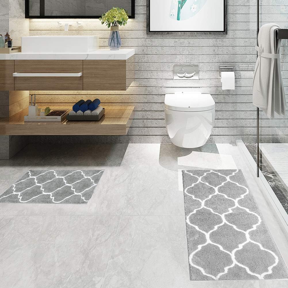 HEBE Microfiber Bath Rug Set 2 Piece Non Slip Absorbent Bath Mats Runner Set for Bathroom Shaggy Bathroom Rug Runner Machine Washable (26"x18"+48"x18", Grey): Kitchen & Dining