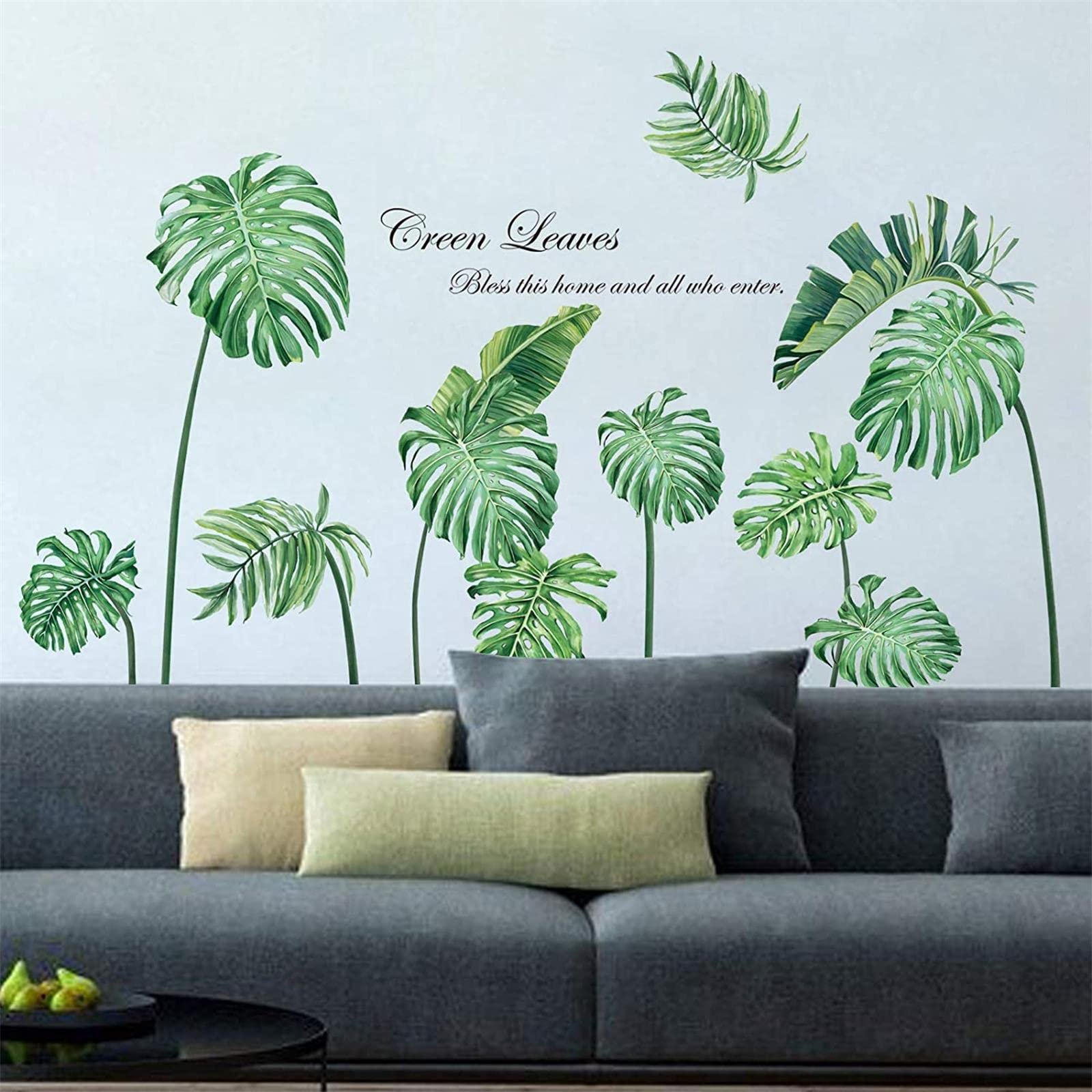 decalmile Green Tropical Leaf Wall Stickers Plants Wall Decals Bedroom Living Room Wall Art Decor