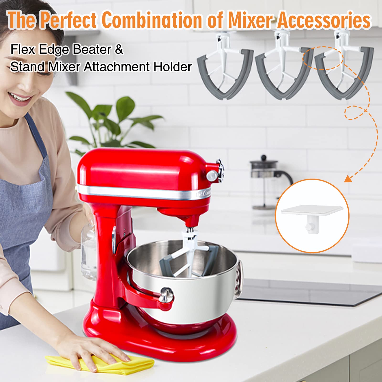 Owowong Flex Edge Beater Aid 4.5-5Qt Tilting Head Stand Mixer with Cable Organizer and Fixing Holder, Flat Beater Paddle with Flexible Silicone Edges, Bowl Scraper, Kitchen Utensil Mixer Accessories