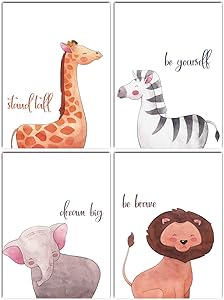 L & O Goods Safari Animals Inspirational Nursery Décor | Baby Boy & Girl Wall Art Watercolor Prints | Set of 4 Posters for Bedroom Decoration | Cute Kids Posters | 8 x 10's