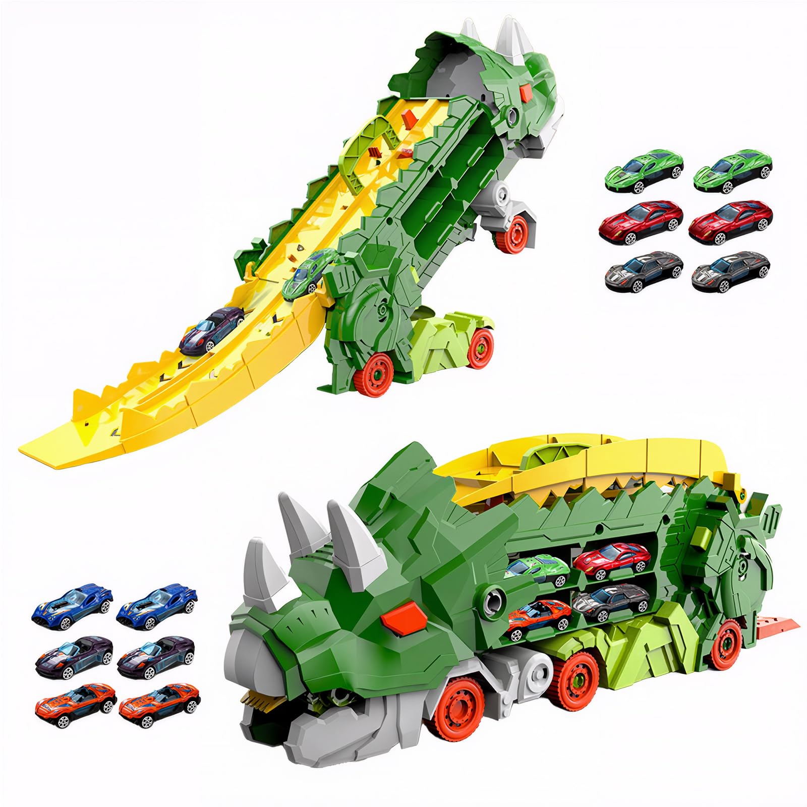 Warmiehomy Dinosaur Transport Truck Toys for or 3 4 5 6 7 Year Old Boys, Truck Transporter with 12 Race Cars, Portable Race Track Carrier Vehicles Gift Toy for Kids Christmas Birthday Party — image 1