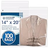 Spartan Industrial - 14” X 20” (100 Count) Self Seal Clear Poly Bags with Suffocation Warning for Packaging, Clothes & Shipping - Permanent Adhesive