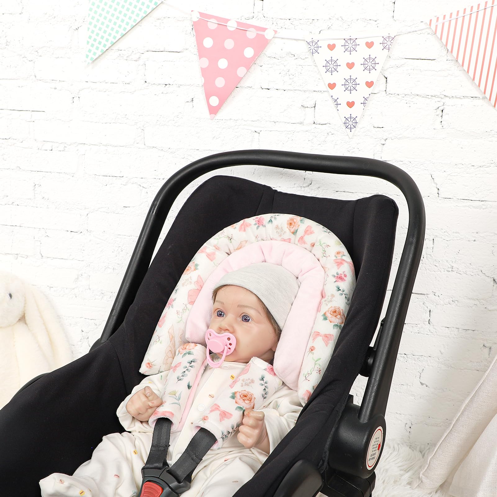 Baby Car Seat Head Support for Newborn, GFU 2 in 1 Infant Car Seat Head Body Support with Strap Pads, Soft Stroller Cushion Pillow Insert for Girls, Fits for Stroller, Swing, Pink Floral