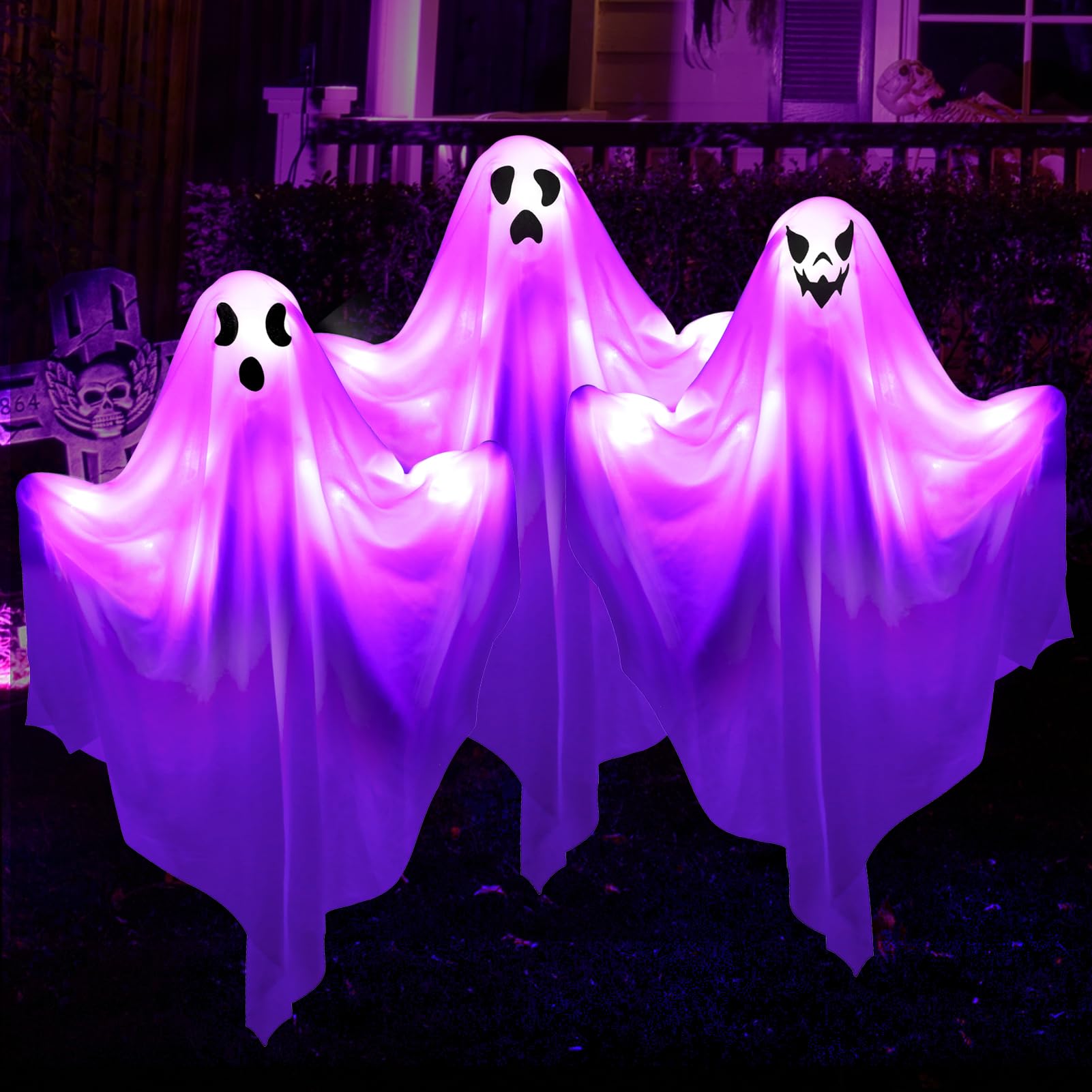 Photo 1 of [8Light-Modes] Sets of 3 Halloween Ghost Light Stakes, Flying Ghost Halloween Decorations, LED Lighted Ghost Yard Stakes Outdoor Scary Hanging Ornament for Lawn, Yard, Patio, Haunted House
