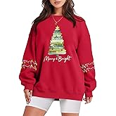 Oversized Christmas Sweatshirt Women Merry and Bright Shirt Christmas Tree Lights Sweatshirts Xmas Holiday Pullover Tops