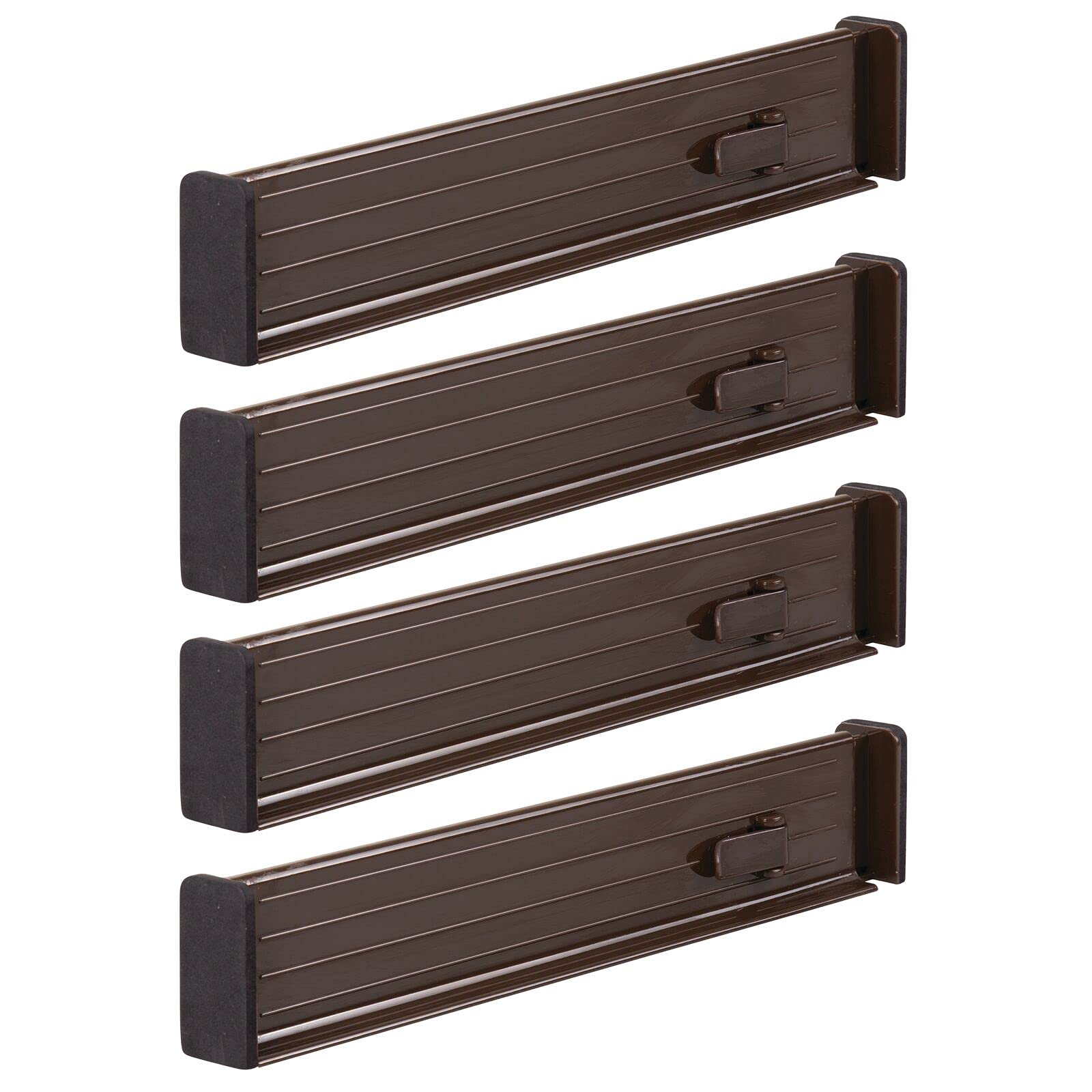 mDesign Adjustable, Expandable Drawer Organizer/Divider - Foam Ends, Strong Secure Hold, Locks in Place - for Bedroom, Bathroom, Closet, Office, Kitchen Storage - 2.5" High, 4 Pack - Chocolate Brown