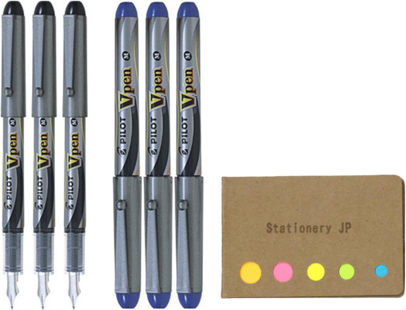 Pilot V Pen (Varsity) Disposable Fountain Pen, Medium Point, Black/Blue Ink, 6Pack, Sticky