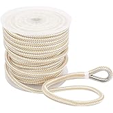 NovelBee 1/2 Inch X 100 Feet Double Braid Nylon Anchor Line with Stainless Steel Thimble and Plastic Chuck (White/Gold)