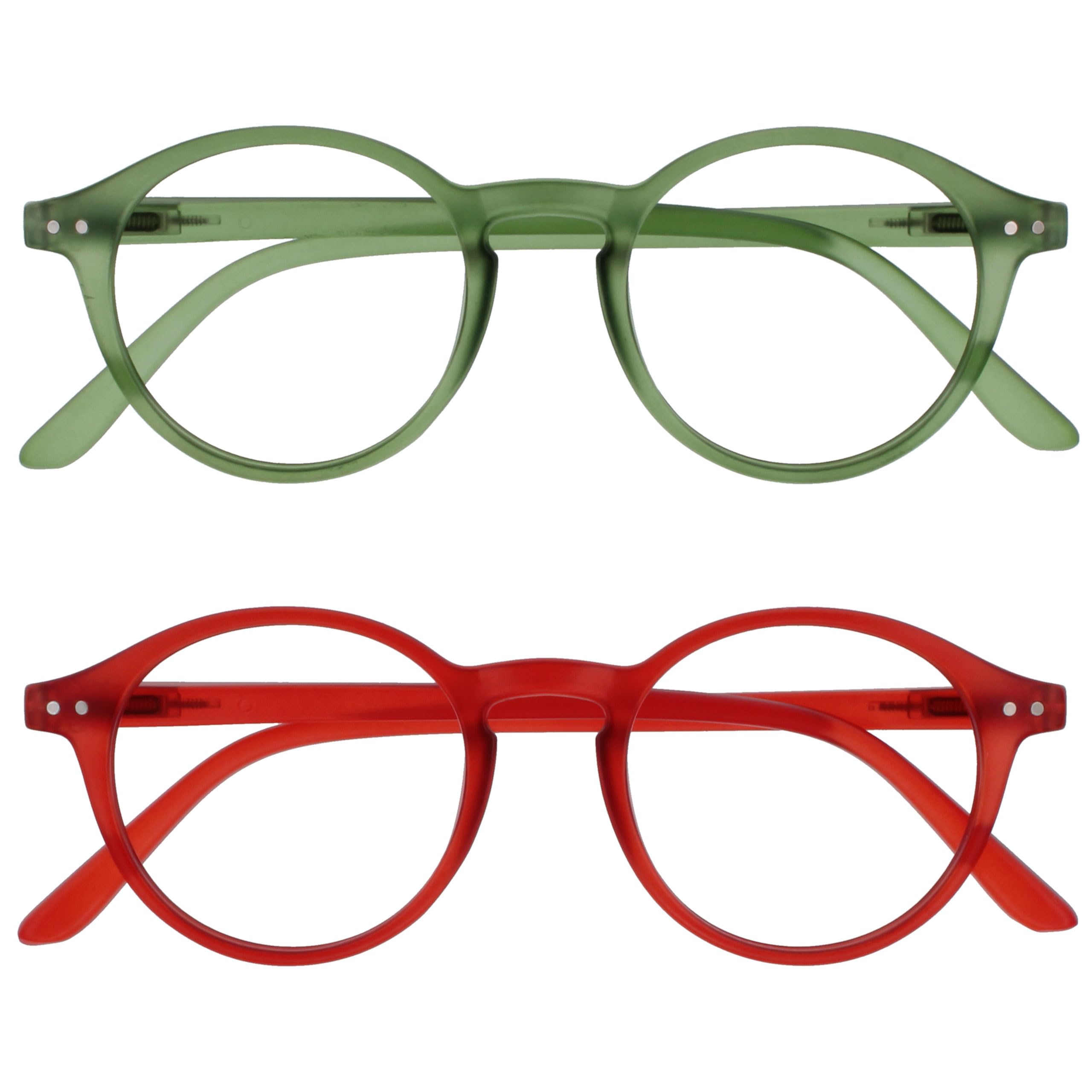 OPULIZE REY Reading Glasses - 2-Pack - Retro Round Frame - Matt Green, Red - Mens Womens - Spring Hinges - RR56-6Z - +2.00