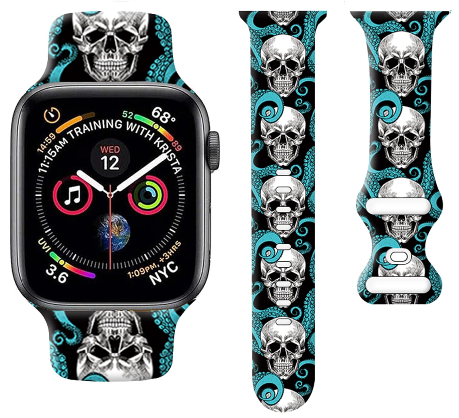 Sport Watch Band Compatible with Apple Watch Band 38mm 40mm 41mm Women, Soft Silicone Floral Print Sport Strap Replacement Wristbands for iWatch Series Ultra 9 8 7 6 5 4 3 2 1 SE - Skull