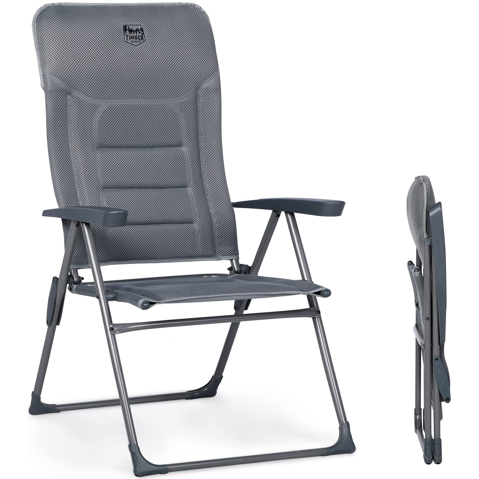 TIMBER RIDGE Campingstuhl Faltbar mit Hoher Lehne Klappstuhl Luxus Gepolsterter Balkonstuhl mit 7 Positionen, Verstellbarer Gartenstuhl für Camp, Garten, Balkon Belastbar 150 KG Grau