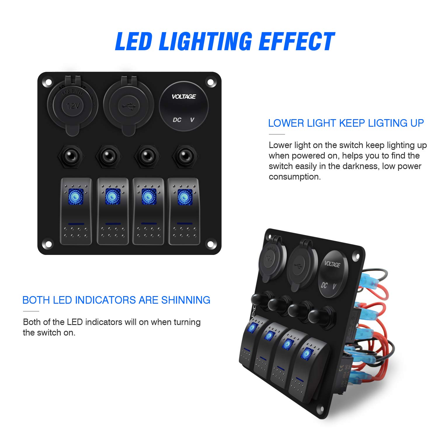 FXC Waterproof Marine Boat Rocker Switch Panel 4 Gang with 3.1A Dual USB Slot Socket + Cigarette Lighter +LED Voltmeter with Overload Protection for Car Rv Vehicles Truck (4 Gang Blue LED) (4 Blue): Industrial & Scientific