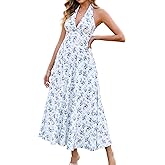 GLNEGE Women's Summer V-Neck Long Dress Casual Halter Wedding Guest Dresses Boho Flowy Smocked Sundress 2025