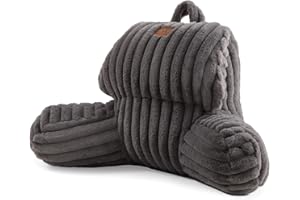 Amélie Home Faux Fur Reading Pillow with Pocket for Sitting in Bed, Kids Backrest Bed Pillow with Washable Cover for Lounging, Study & Relaxing, Grey 17 inches