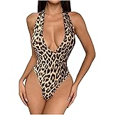 Milumia Women's Leopard Print Deep V Neck Halter Bodysuit Y2k Backless Sleeveless Slim Fit Top