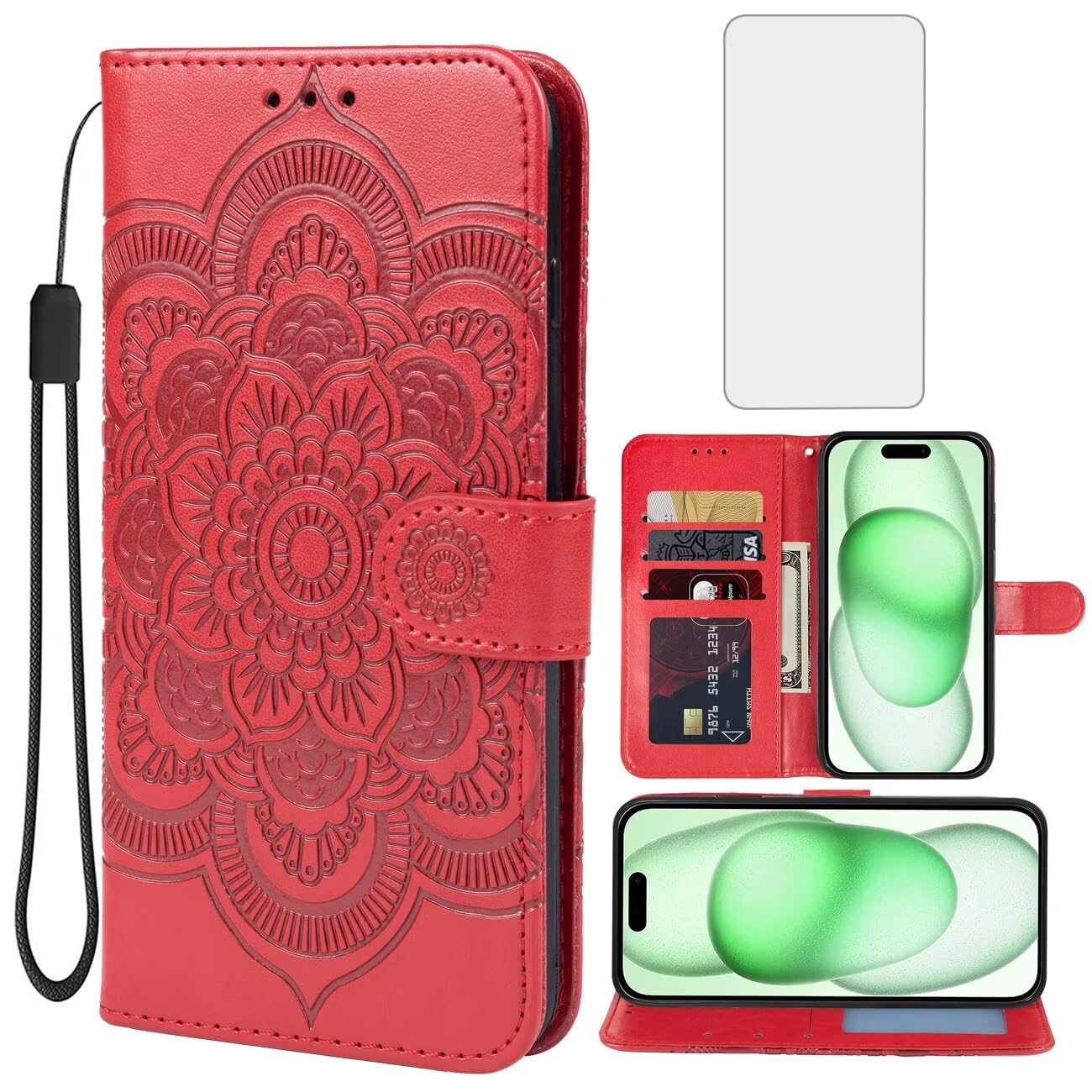Photo 1 of Bohefo Case for iPhone 15 Case 6.1", Apple 15 Wallet Case with Tempered Glass Screen Protector, Mandala Leather Flip Credit Card Holder Stand Phone Cover Cases for iPhone 15 Red