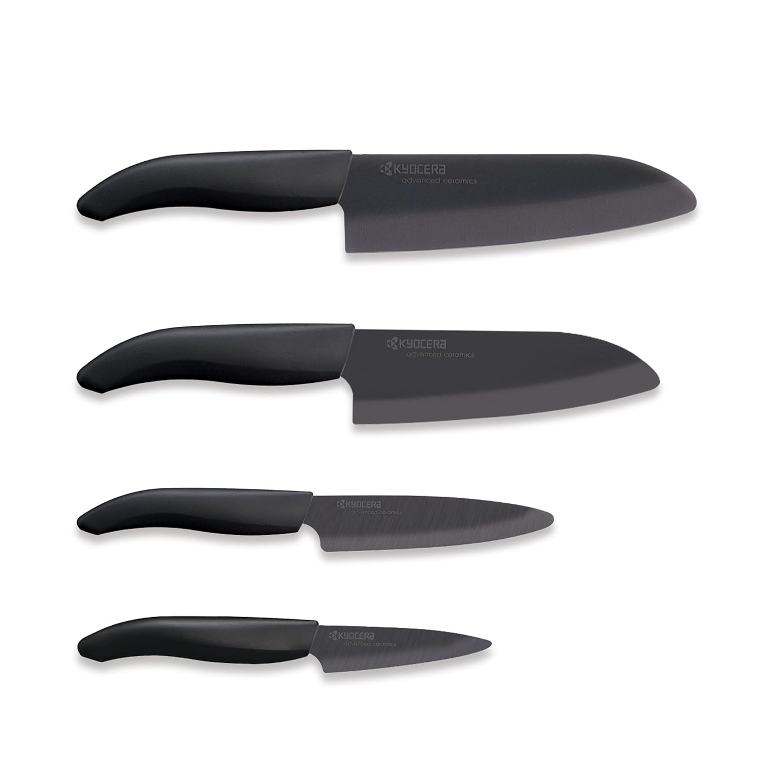 Kyocera Advanced Ceramic Revolution 4-Piece Knife Set: Includes 6-inch Chef's Santoku, 5.5-inch Santoku, 4.5-inch Utility and 3-inch Paring-Black Handle w/Black Blades