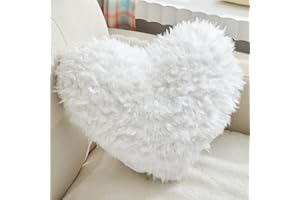 MOOWOO Fluffy Heart Throw Pillow with Pillow Cover and Insert, Shaggy Faux Fur,Valentines Day Decor,Christmas Decorations, Love Pillow (White, Heart Shape-15.7X15.7Inches)