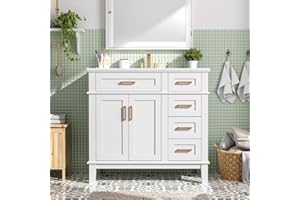 36 Inch Bathroom Vanity with Ceramic Sink, Soft-Close Drawers & Flip Storage, Gold Handles Modern Solid Wood Cabinet (White)