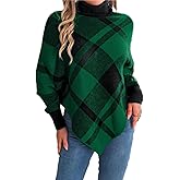 Women Turtleneck Poncho Sweaters Long Sleeve Cape Sweater Fall Winter Christmas Color Block Plaid Knit Pullover