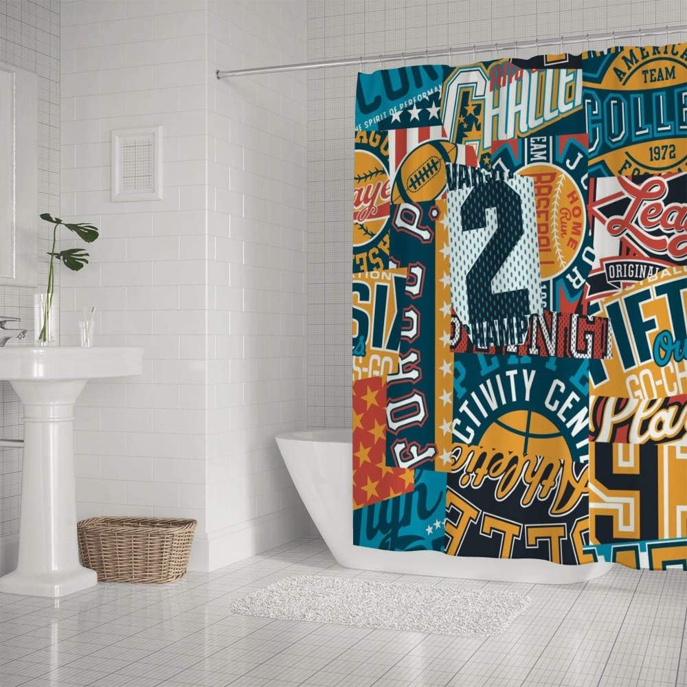 Amazon Com Kuizee Shower Curtain Waterproof Retro American College Sport Graphic Patchwork Bath Curtains Polyester Decor Bathroom 66 72inch Water Repellent Bath Curtain Easy Install Home Kitchen