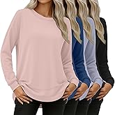 Oakgarden 4 Pack Women's Long Sleeve Sweatshirts, Crew Neck Cotton Tees Curved Hem Tunic Pullover Shirts Knit Loose Tops