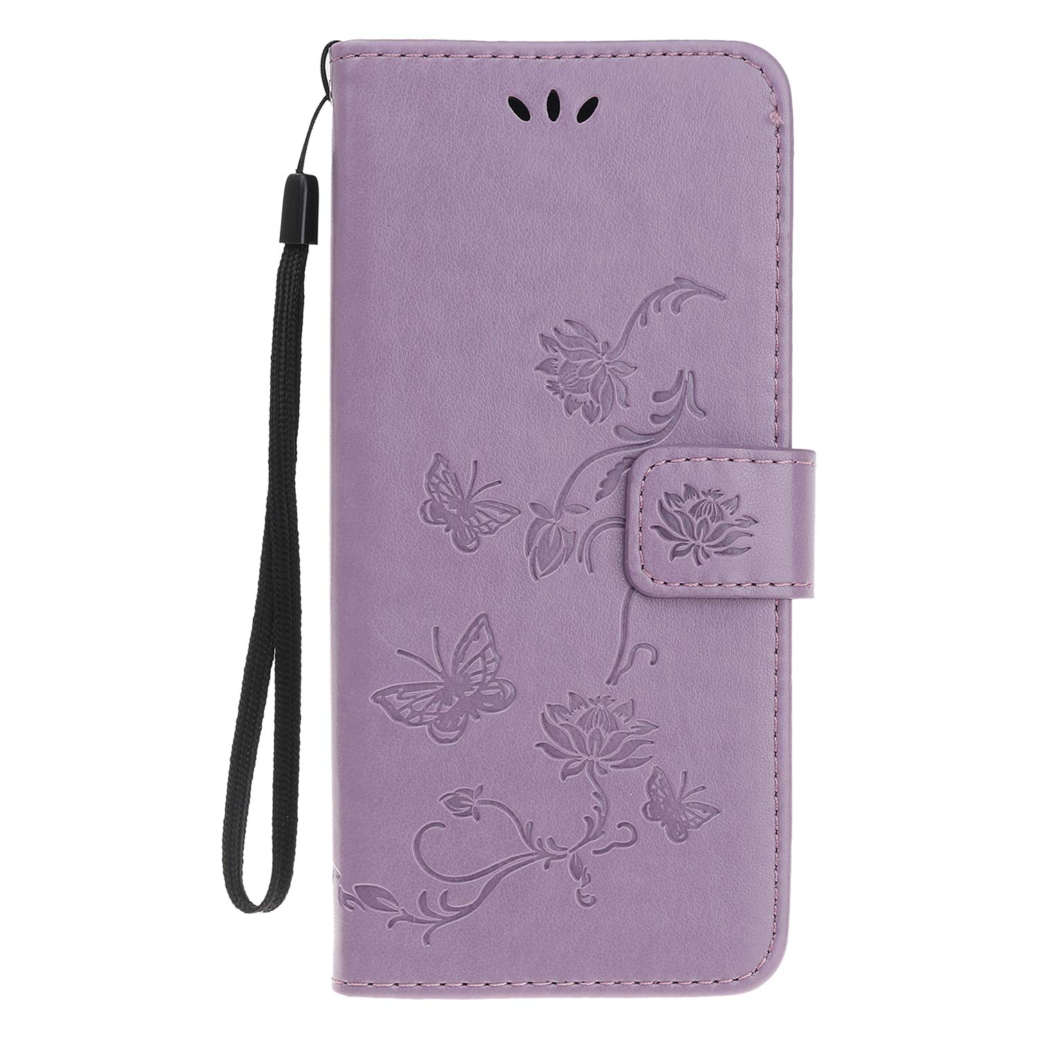 Reevermap iPhone 15 Case Flip Cover PU Leather Wallet Lotus Butterfly Embossed Magnet Closure Card Holder Stand Silicone Bumper Shockproof Case for iPhone 15, Light Purple
