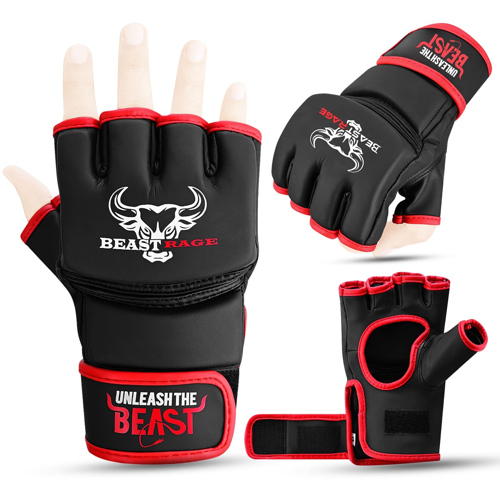 BEASTRAGE MMA Gloves for men and women,Martial Arts Mitts Grappling Sparring,Ventilated Palm, VEGAN Leather, Cage Fighting, Muay Thai, Kick Boxing, Punching Bag, Boxing, Kickboxing (Red, S)