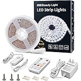 MY BEAUTY LIGHT White LED Strip Lights, 16.4ft Dimmable LED Light Strip with RF Remote, 300 Bright 6500K 2835 LEDs, Strong Adhesive LED Tape Light with Timing Mode for Mirror Bedroom Kitchen Cabinet
