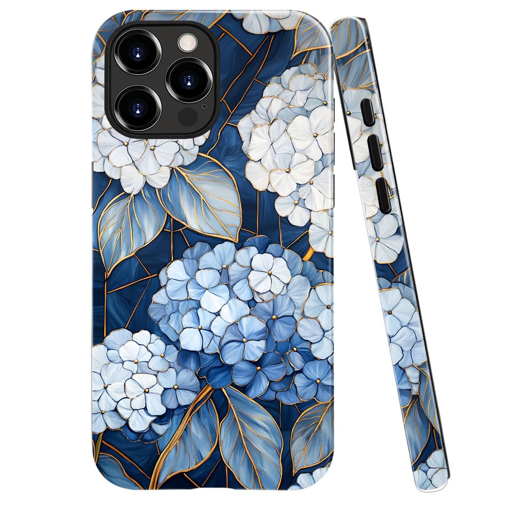 Case Compatible with iPhone 16 Pro Max,Glossy Hybrid 2-Layer Hard Shell,Shockproof Soft for Girl Women,Blue Hydrangea Floral Artful