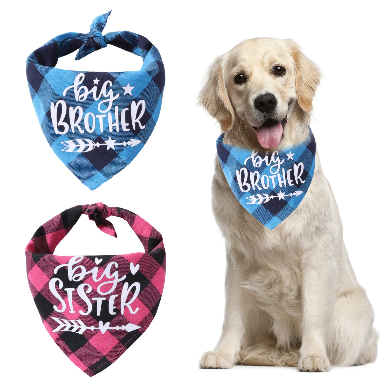 HACRAHO Plaid Dog Bandana, 2 PCS Triangle Bibs Scarf Big Brother Big Sister Pregnancy Announcement Dog Bandana for Small Medium Large Dogs