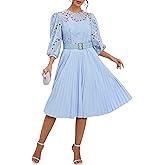 IWFEV Lace Pleated Dress Puff Sleeve Mid-Calf Short Sleeve Midi Dress Hollow Party Evening Dress