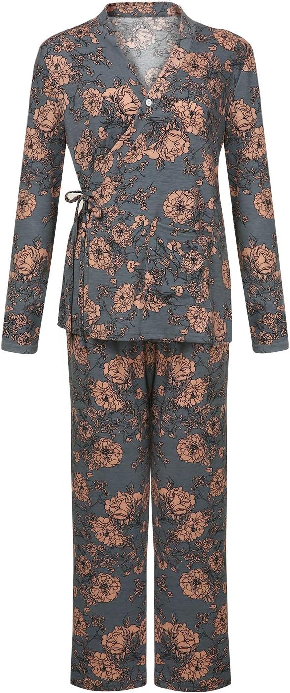 Suzicca Women’s Floral Kimono Long Sleeve Pajamas Sleepwear Floral Print Wrap Tops with Pants Pajama Sets