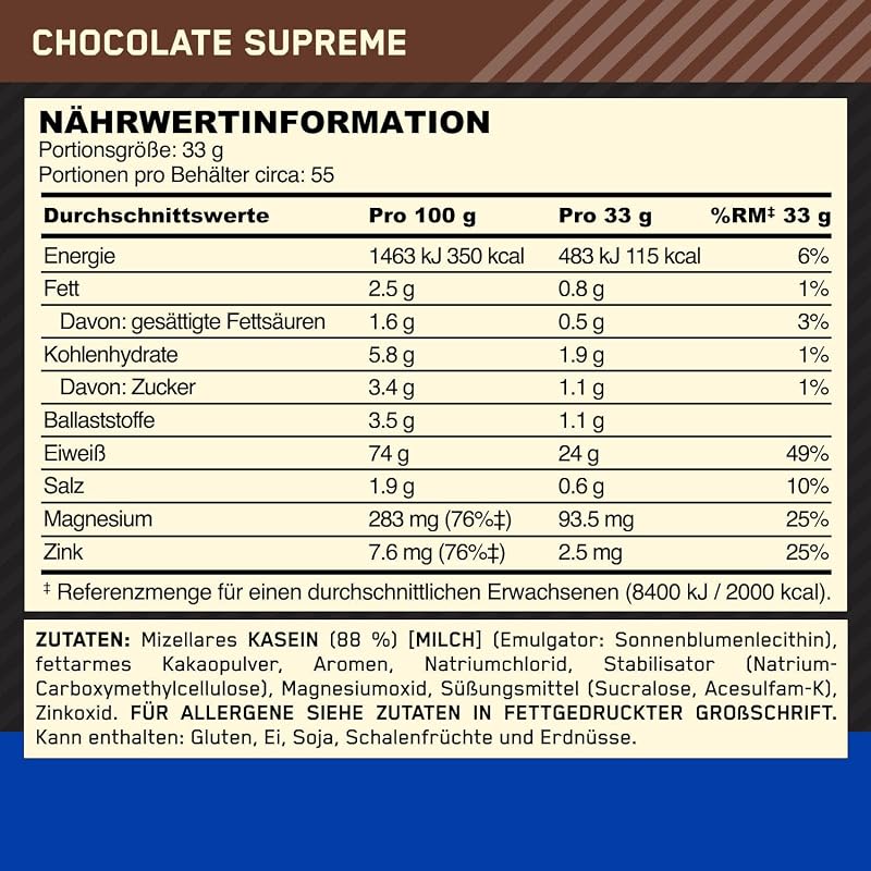 Gold Standard 100% Casein Proteinpulver, Geschmack Chocolate Supreme, 1.82 kg, 55 Portionen