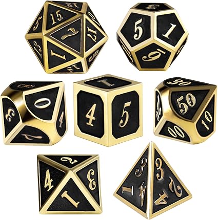 Amazon.com: Juego de dados de metal QMAY, juego de dados de mazmorras y dragones para juegos de dados de D\u0026D RPG MTG juegos de mesa con bolsa de cordón, Negro y dorado: