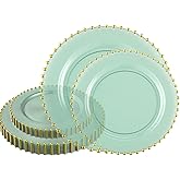 PLASTICPRO 32 Piece Combo Plastic Dinner Plates Disposable Plastic Fancy Heavy Duty Party Dishes 7 inch and 10 inch, Translucent Green and Gold Beaded