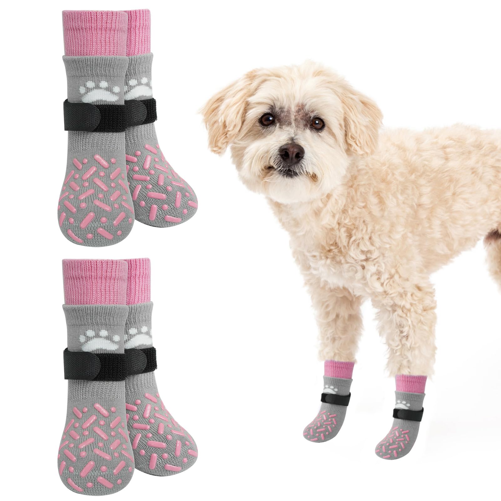 Photo 1 of SCENEREAL Dog Socks to Prevent Licking Paws for Hot/Cold Pavement, Anti Slip Long Dog Grip Socks for Hardwood Floors, Dog Shoes Booties&Paw Protector for Small Medium Large Senior Dog, Pink XS