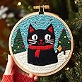 DIY Punch Needle Kits for Beginners Black Cat with Christmas with Hoop Embroidery Punch Needle Starter Craft Set Easy for Adults and Children Festival Gift and Decoration 20x20cm-1