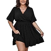 SCOMCHIC Plus Size Casual Summer Dress for Women Swiss Dot Wrap V Neck Ruffle Sleeve Smock Boho Mini Dress