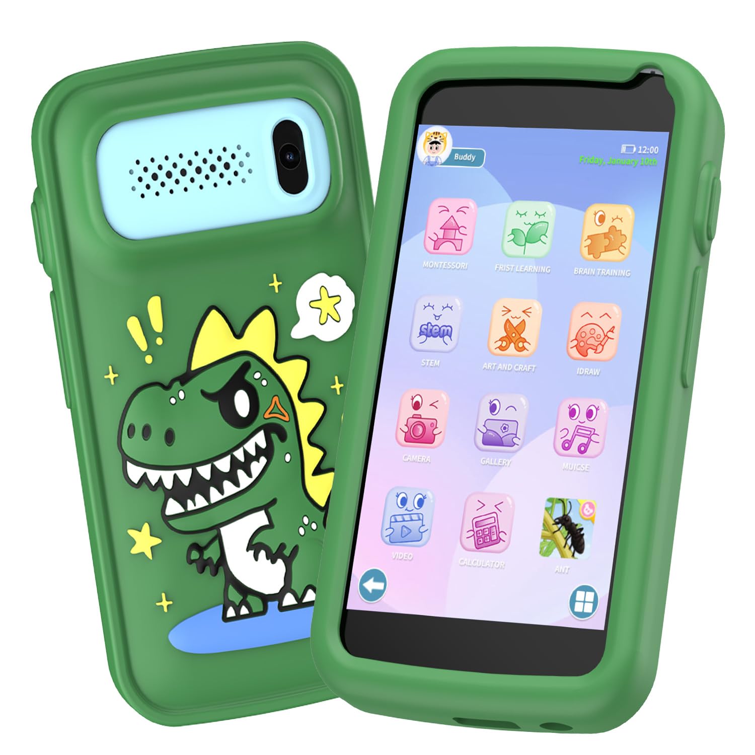 Kids Toy Smartphone, Toddler Play Phone for Boys, Fake Play Dinosaur Toy Phone for Boys Girls Age 3-12, Christmas Birthday Gifts With 3.97" Touchscreen 200+ Puzzle Game, Music Player(Green)