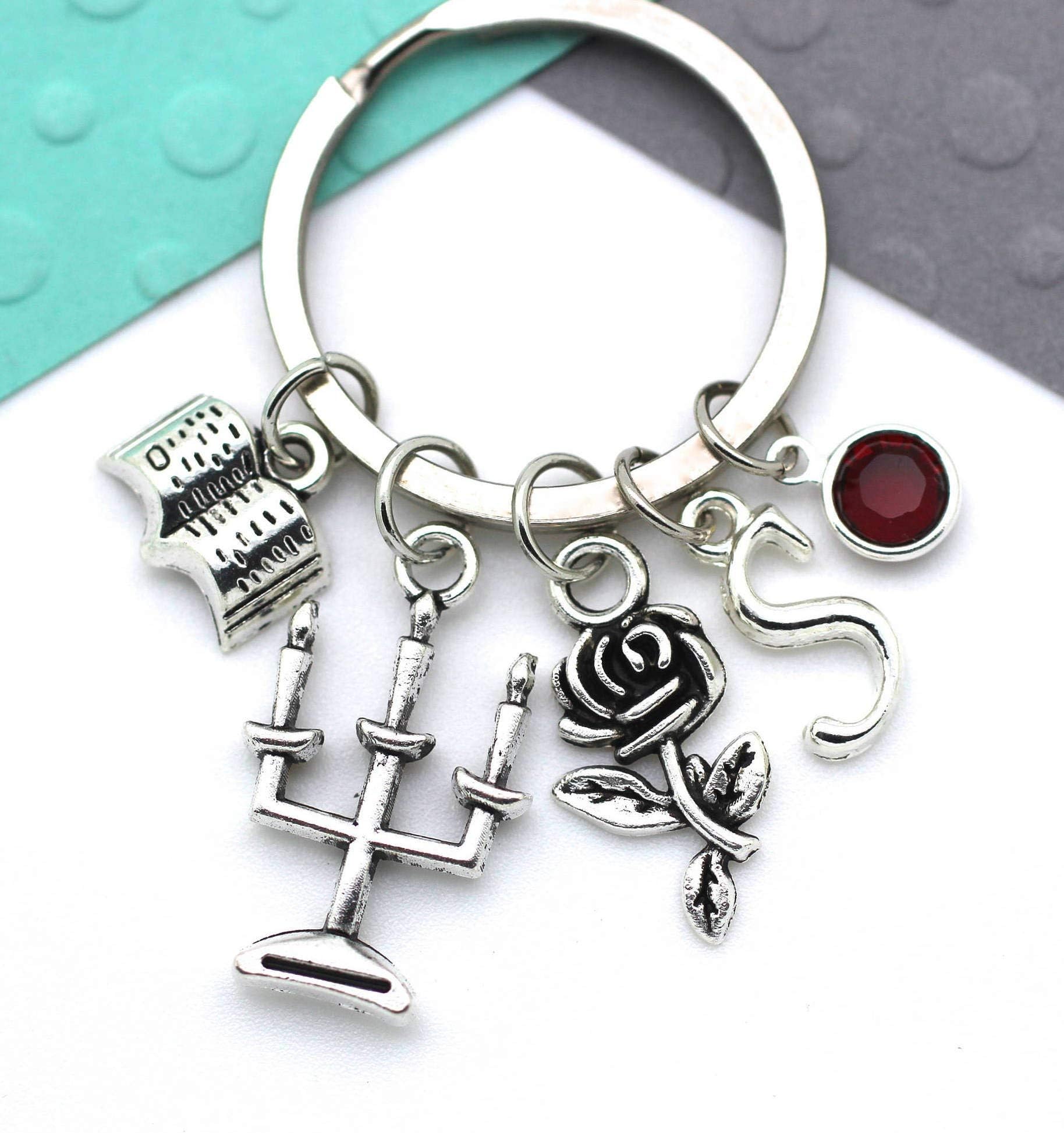 Beauty and the Beast Personalised Keychain, Belle Keyring, Once Upon A Time Personalized Birthstone & Initial, Letter, Name Alphabet Gift