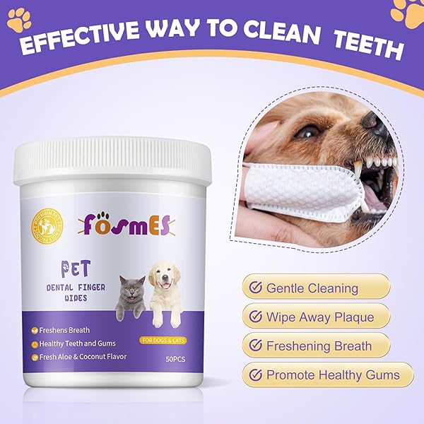 OUYOFI TEETH CLEANING FINGER WIPES FOR DOGS & CATS, REDUCES TARTAR & FRESHENS BREATH DENTAL WIPES，NATURAL MILD INGREDIENTS,DISPOSABLE DOG TEETH CLEANING WIPES,50PCS